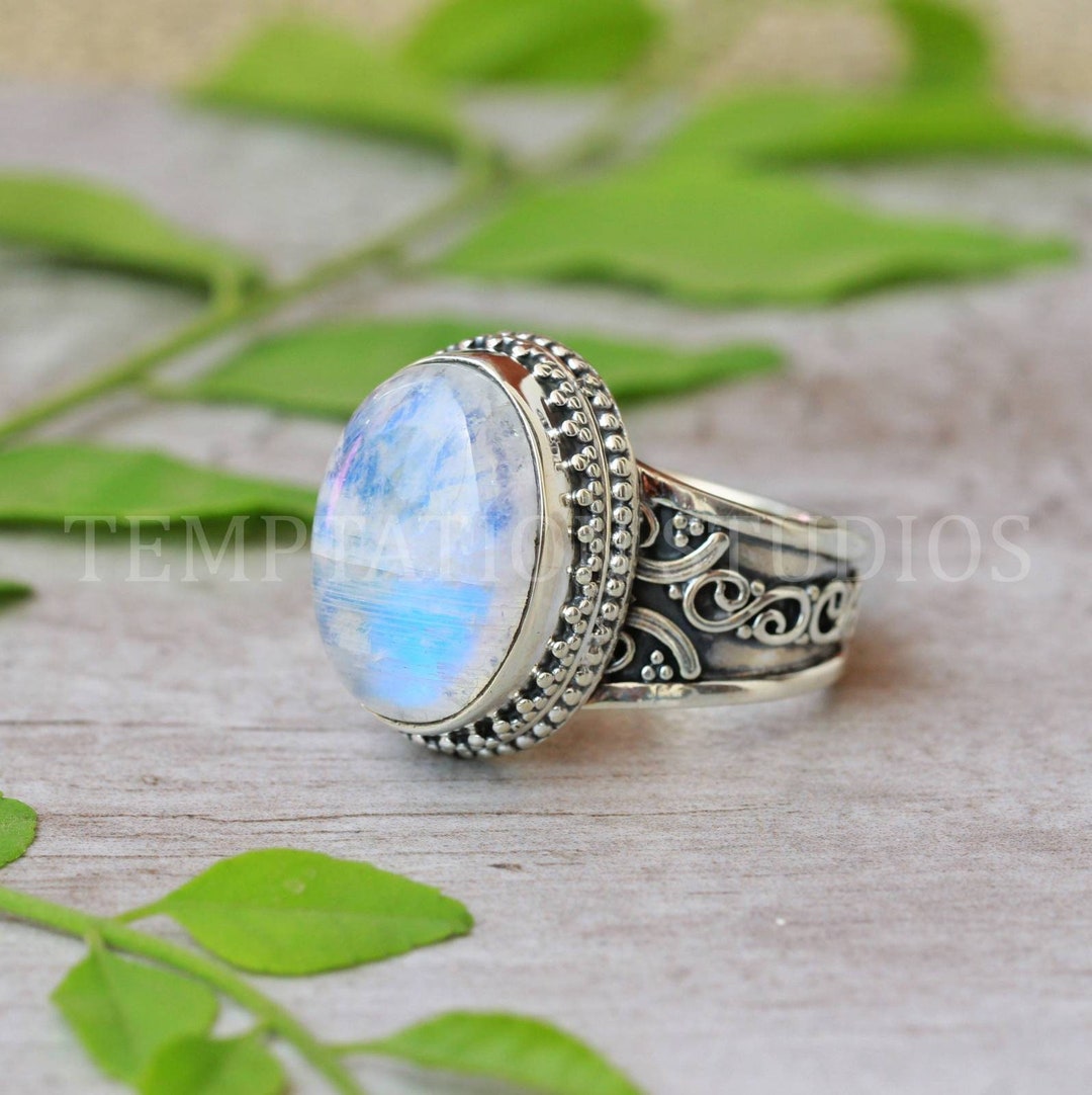 Oval Rainbow Moonstone Ring: Handmade 925 Sterling Silver UK