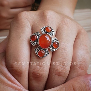 Bold Sterling Silver Carnelian Ring: Vintage Style Statement Jewelry