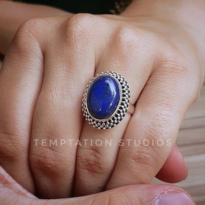 Anillo enorme de lapislázuli natural, anillo grueso de plata esterlina 925, anillo llamativo, anillo resistente para uso diario, joyería bohemia llamativa