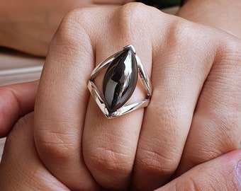 Marquise Hematite Sterling Silver Ring - Handmade Gemstone Ring