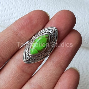Grüner Mojave-Türkis Ring, Sterling Silber Ring, handgemachter großer Statement Ring, einzigartiger Edelstein, Kupfer Türkis
