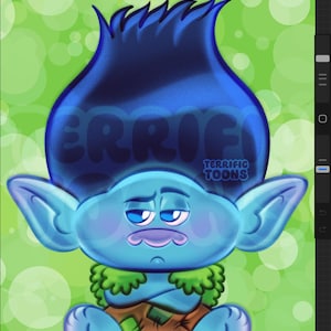 May include: Illustration of a blue troll character with a large blue hair, crossed arms, and a grumpy expression. The word "TERRIFIC" is written on the hair. The background is green with white circles, and the text "TERRIFIC TOONS" is below the character.