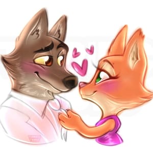 May include: A cartoon wolf wearing a pink suit and a cartoon fox wearing a pink dress look at each other with hearts floating around them.
