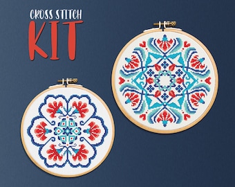 Cross Stitch KIT Set, Ottoman Iznik Nicaea Easy Cross-stitch kit for beginners with detailed pattern, Traditional Floral Mandala DIY Craft