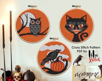 Zestaw wzorów krzyżykowych na Halloween w stylu vintage, upiorny gotycki horror (wzór w formacie PDF)