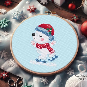 Cross Stitch Pattern - Christmas Ice Skating Polar Bear, Noel Pattern, Easy to Stitch New Year Cross Stitch Pattern INSTANT DOWNLOAD PDF