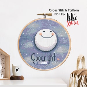 Goodnight Moon Modern Cross Stitch Pattern. Easy cross-stitch chart for nursery wall decor. Cute kids room embroidery, INSTANT DOWNLOAD PDF