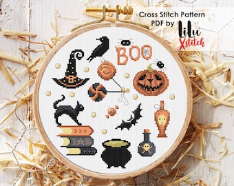 Schema punto croce vintage di Halloween, tema horror (schema PDF)