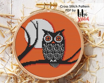 Halloween Cross Stitch Pattern Vintage Owl. Horror themed, creepy, spooky, modern cross-stitch chart for beginners, INSTANT DOWNLOAD PDF