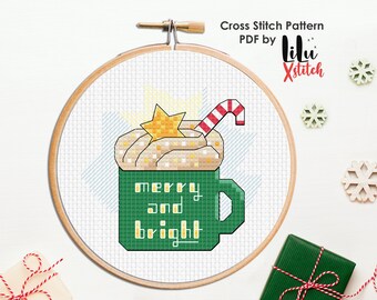 Christmas Cross Stitch Pattern - Bright Mug. New Year Green Cup, cozy winter. Easy cross-stitch chart for beginners. INSTANT DOWNLOAD PDF