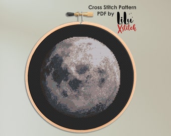 Full Moon Cross Stitch Pattern, Galaxy Night Sky, Geek Kreuzstichvorlage für Anfänger, xstitch Stickerei, SOFORTIGER DOWNLOAD PDF