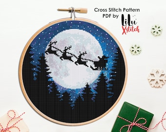 Cross Stitch Pattern - Santa's Sleigh Ride Christmas Night sky with Silhouette of Santa, sleigh and reindeers. Noel INSTANT DOWNLOAD PDF