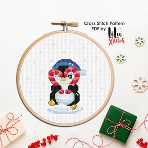 Kerstkruissteekpatroon - Pinguïn met zuurstok. DIY noel cadeau-ambacht. Eenvoudig kruissteekschema voor beginners. DIRECT DOWNLOAD Pdf