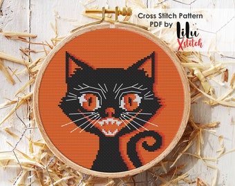 Schema punto croce gatto di Halloween vintage, tema horror (schema PDF)