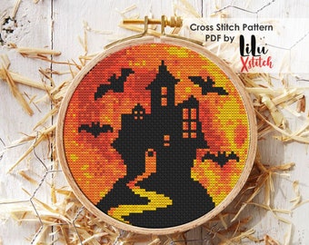 Halloween Cross Stitch Pattern. Spooky Orange Haunted Castle embroidery. House of horror modern easy cross-stitch chart INSTANT DOWNLOAD PDF