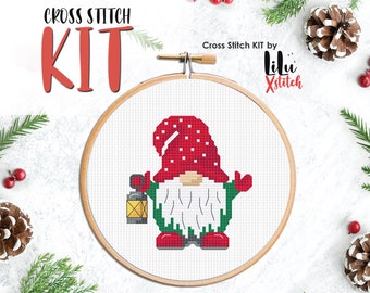 Cross Stitch KIT - Gnome with Lantern. Christmas decor gift. DIY New Year Cross-stitch kit for beginners with easy pattern. Noel Present