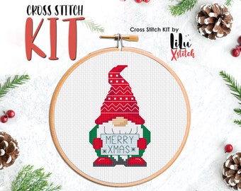 Cross Stitch KIT - Gnome with Merry Xmas Card. Christmas decor gift. Easy DIY New Year kit for beginners with counted chart & easy pattern.