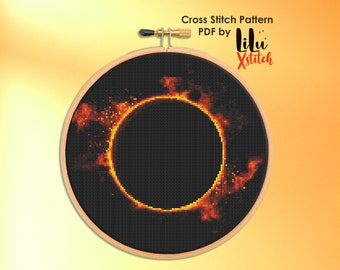 Solar Eclipse Cross Stitch Pattern, Moon and Sun geek counted cross-stitch chart for beginners, xstitch, embroidery, INSTANT DOWNLOAD PDF
