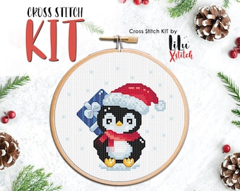 Cross Stitch KIT - Christmas Penguin with Gift Box. Happy New Year gift DIY Craft. Noel present Cross-stitch kit for beginners. Easy chart