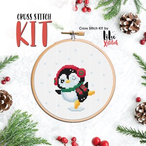 Cross Stitch KIT - Schaatsen Kerst Pinguïn. Gelukkig Nieuwjaar cadeau DIY Craft. Noel presenteer Cross-stitch kit voor beginners. Grafiek Geteld