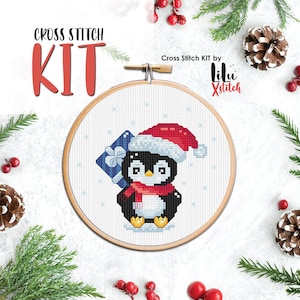 Cross Stitch KIT Christmas Penguin with Gift Box. Happy New Year gift DIY Craft. Noel present Cross-stitch kit for beginners. Easy chart image 1