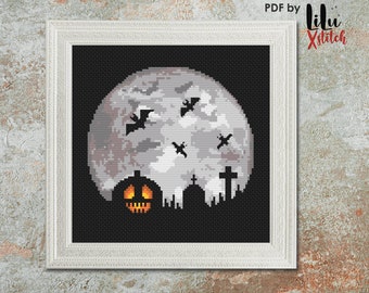 Halloween Full Moon Cross Stitch Pattern. Horror themed, creepy, haunted and easy cross-stitch chart for beginners, INSTANT DOWNLOAD PDF