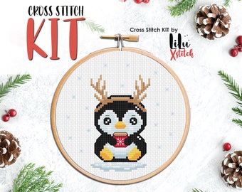 Cross Stitch KIT - Christmas Penguin with Antlers. Happy New Year gift DIY Craft. Noel present Cross-stitch kit for beginners counted chart