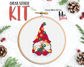 Cross Stitch KIT - Gnome and Christmas Lights. New Year decor gift. DIY Cross-stitch kit for beginners with counted chart & easy pattern.