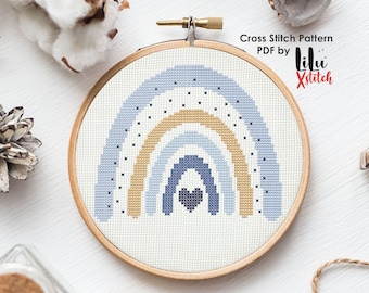 Bohemian Rainbow Navy Cross Stitch Pattern. Modern Embroidery Cross-stitch chart for beginners in Blue Color Tones. INSTANT DOWNLOAD PDF