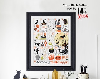Cross Stitch Pattern Halloween Countdown Calendar. Horror themed, spooky, haunted, creepy, modern cross-stitch chart. INSTANT DOWNLOAD Pdf