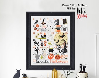 Schema punto croce per calendario conto alla rovescia di Halloween, horror spettrale (schema PDF)