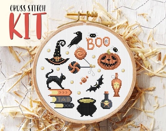 Cross Stitch KIT - Halloween. Vintage, easy cross-stitch kit for beginners. Horror themed, creepy, haunted DIY Craft with counted chart