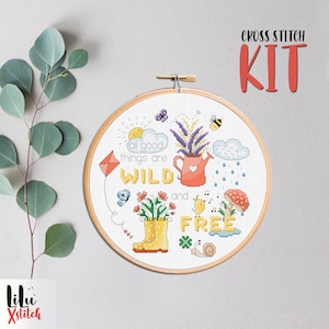 Cross Stitch KIT - Wild en Gratis. Lente DIY Craft. Schattig Gemakkelijk te naaien Kruissteek kit voor beginners met getelde grafiek & eenvoudig patroon.