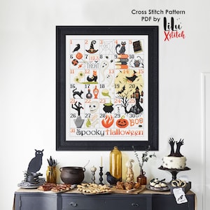 Cross Stitch Pattern Halloween Countdown Calendar. Horror themed, spooky, haunted, creepy, modern cross-stitch chart. INSTANT DOWNLOAD Pdf