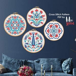 Conjunto de patrones de punto de cruz floral, bordado Iznik otomano (patrón PDF)