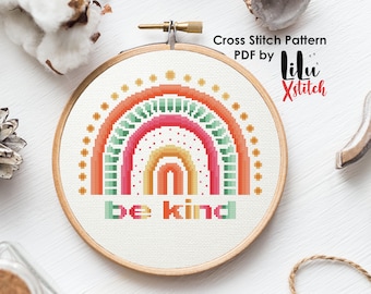 Be Kind Buntes Boho Regenbogen Kreuzstichmuster, Boho Kreuzstichvorlage für Anfänger, xstitch, Stickerei, SOFORTIGER DOWNLOAD PDF