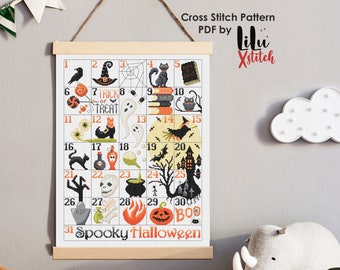Wzór haftu krzyżykowego na kalendarz Halloween, upiorny haft (wzór PDF)