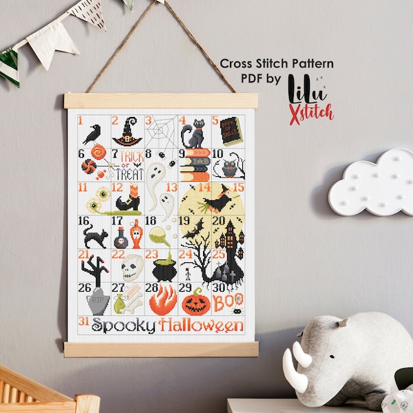 Halloween Calendar Cross Stitch Pattern. Spooky, haunted, creepy, modern embroidery. Horror themed cross-stitch chart. INSTANT DOWNLOAD Pdf