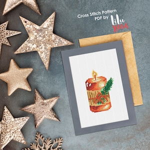Kruissteekpatroon Kerstkaars. Feestelijk seizoenspatroon van elegante rode kaars. Diy noel-wenskaart. DIRECT DOWNLOAD PDF