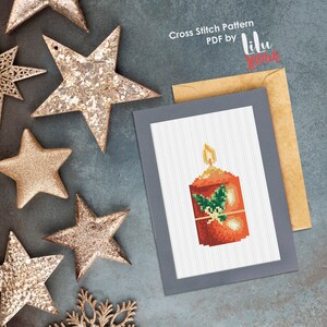 Kruissteekpatroon Kerstkaars. Elegant rood kaars feestelijk seizoenpatroon. DIY nieuwjaarsvieringskaart. DIRECT DOWNLOAD Pdf