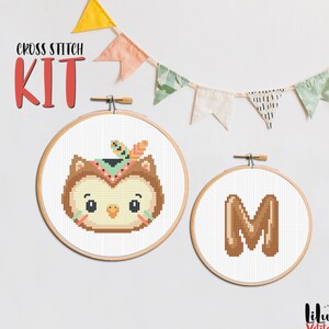 Cross Stitch KIT SET, Boho Owl y Custom Initial Letter. Boho Baby Animal and Alphabet, kit de punto de cruz de bricolaje, artesanía fácil para principiantes