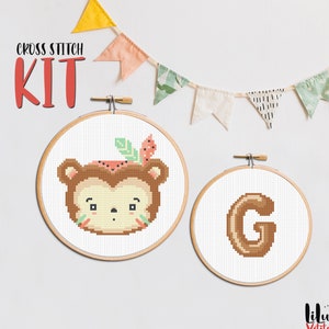 Cross Stitch KIT SET, Boho Monkey y Custom Initial Letter. Boho Baby Animal y Alphabet, kit de artesanía de punto de cruz fácil de bricolaje para principiantes