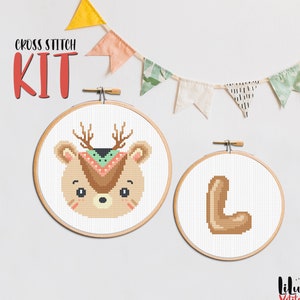 Cross Stitch KIT SET, Boho Deer y Custom Initial Letter. Boho Baby Animal and Alphabet, kit de punto de cruz de bricolaje, artesanía fácil para principiantes