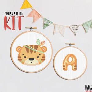 Cross Stitch KIT SET, Boho Tiger y Custom Initial Letter. Boho Baby Animal y Alfabeto, Artesanía de punto de cruz fácil de bricolaje para principiantes