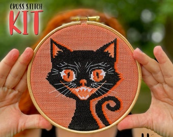 Halloween Cross Stitch KIT - Vintage Cat cross-stitch kit for beginners. Easy Horror themed, creepy, haunted DIY Craft with counted chart