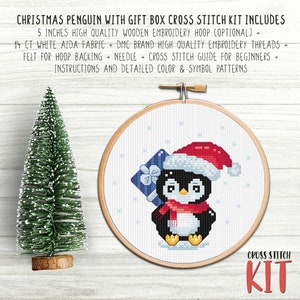 Cross Stitch KIT Christmas Penguin with Gift Box. Happy New Year gift DIY Craft. Noel present Cross-stitch kit for beginners. Easy chart image 4