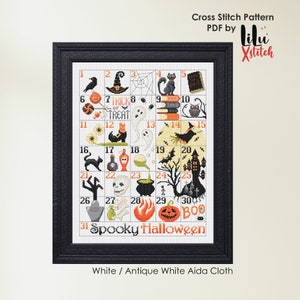 Pu&ograve; includere: Uno schema di punto croce per un calendario di Halloween spettrale con 31 diverse icone a tema Halloween. Lo schema &egrave; in una cornice nera e include il testo "Spooky Halloween".