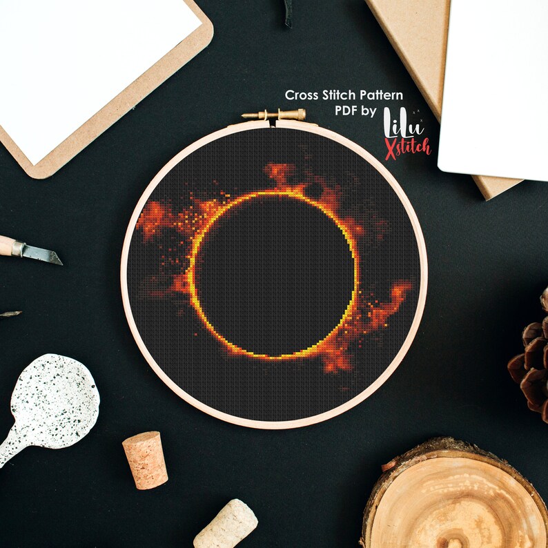 Solar Eclipse Cross Stitch Pattern, Moon and Sun geek counted cross-stitch chart for beginners, xstitch, embroidery, INSTANT DOWNLOAD PDF image 4