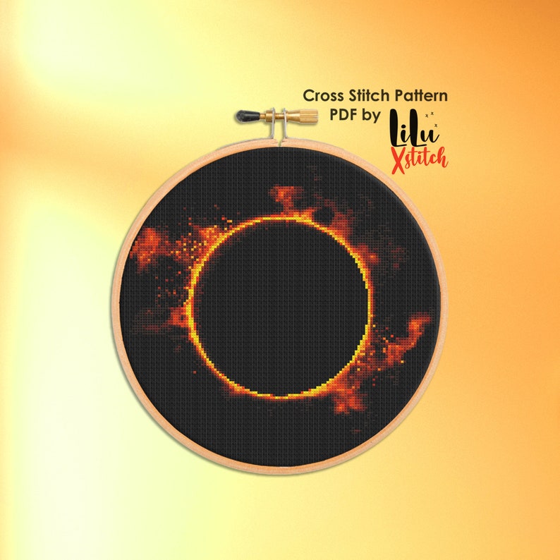 Solar Eclipse Cross Stitch Pattern, Moon and Sun geek counted cross-stitch chart for beginners, xstitch, embroidery, INSTANT DOWNLOAD PDF image 1