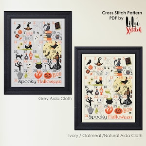 Pu&ograve; includere: Uno schema di punto croce per un calendario di Halloween spettrale con 31 diverse immagini a tema Halloween. Lo schema &egrave; disponibile in due varianti di colore: grigio e avorio/avena. Lo schema &egrave; intitolato "Spooky Halloween" e include una variet&agrave; di immagini come un gatto nero, un fantasma, una zucca, una strega e un teschio.